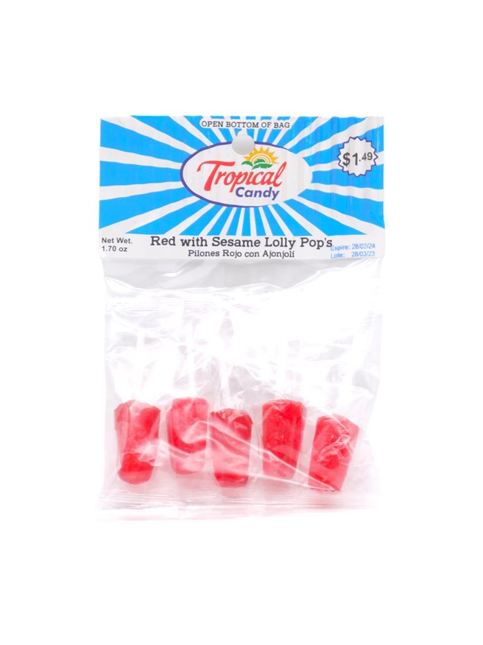 28848 - Tropical Red W/ Sesame Lollipop (Pilones Rojo Con Ajonjoli) 12/1.70oz - Box:  - Loc: 