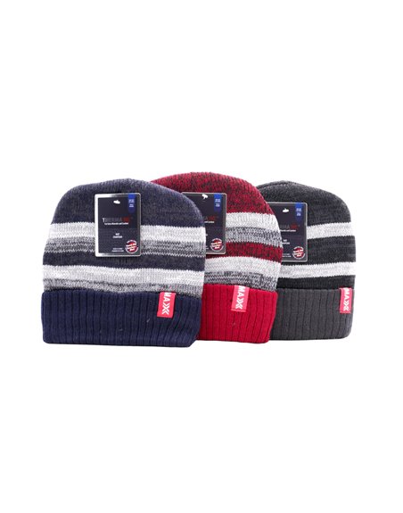 29971 - Winter Knit Hat (Men) Thermaxx w/ Fur Lining Dash 2 Stripes-  10004 12ct - Box:  - Loc: Q2