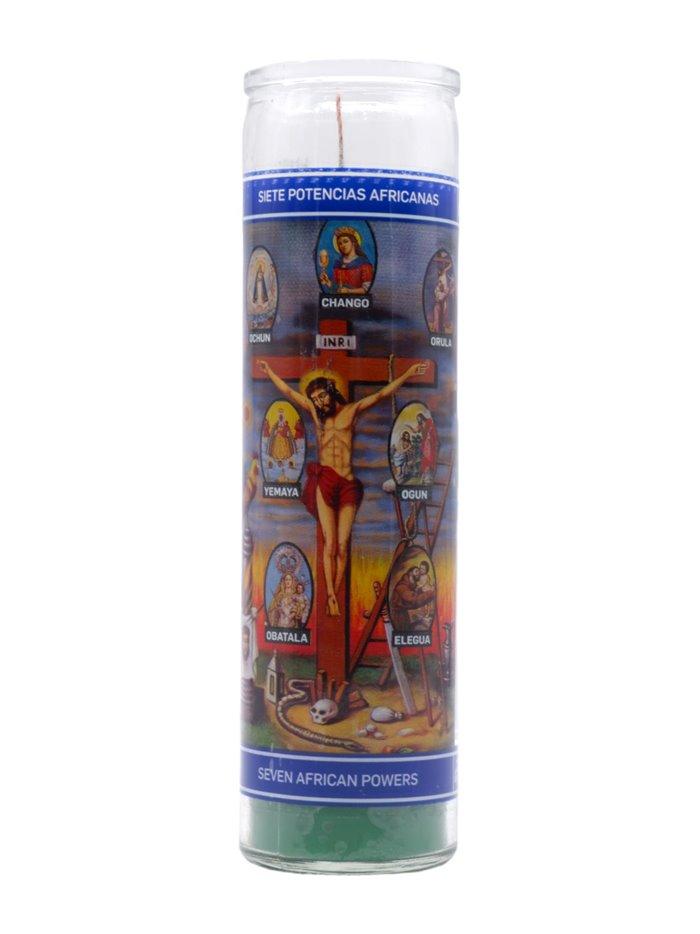 30236 - Candle Seven African Powers Green  - (Case of 12). 1255 - Box:  - Loc: H11