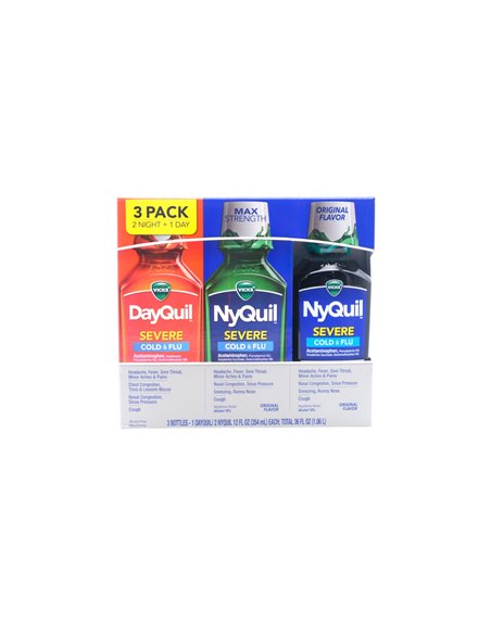 31627 - Dayquil/Nyquil Severe Liquid Cold & Flu. - 12 fl. oz. Pkg of 3 (2 Night + 1 Day). - Box:  - Loc: L4