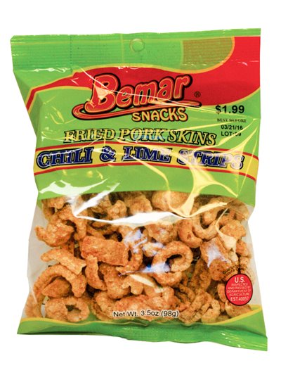 13196 - Bemar Fried Pork Skins Chili & Lime Strips - 3 oz. (Case of 24) - Box:  - Loc: P2