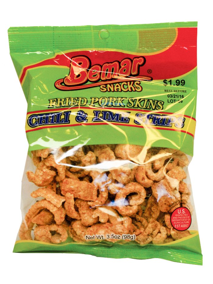 13196 - Bemar Fried Pork Skins Chili & Lime Strips - 3 oz. (Case of 24) - Box:  - Loc: P2