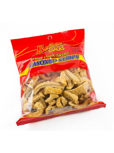 13190 - Bemar Fried Pork Skins Seasoned Strips - 3 oz. (Case of 24) - Box:  - Loc: N11