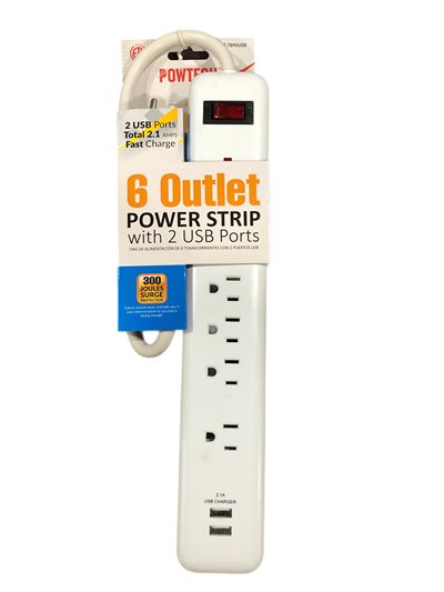 25423 - 6 Outlet Power Strip w/ 2 USB Ports - (PT-7890USB) - Box:  - Loc: I10