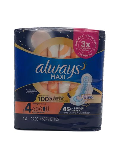 28075 - Always Maxi Long Super Flexi - Wings, Overnight Unscented Size 4 - 12 x 16's 03498 - Box:  - Loc: D6