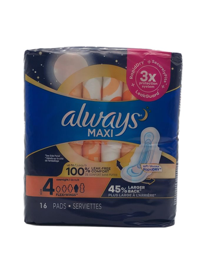 28075 - Always Maxi Long Super Flexi - Wings, Overnight Unscented Size 4 - 12 x 16's 03498 - Box:  - Loc: D6