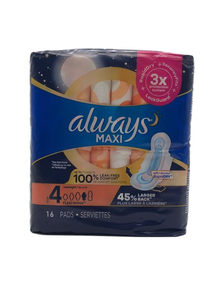 28075 - Always Maxi Long Super Flexi - Wings, Overnight Unscented Size 4 - 12 x 16's 03498 - Box:  - Loc: D6